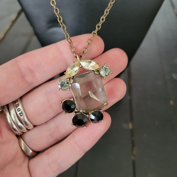 J.Crew Gold Chain Long Necklace Rhinestone Charm Pendant Black Clear - Picture 4 of 6